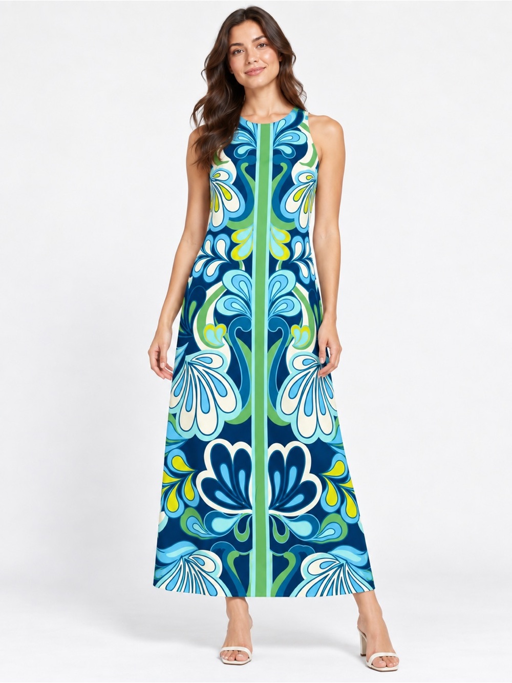 NWT New Donna Morgan Paisley A-Line Maxi Blue Green Dress Size 2